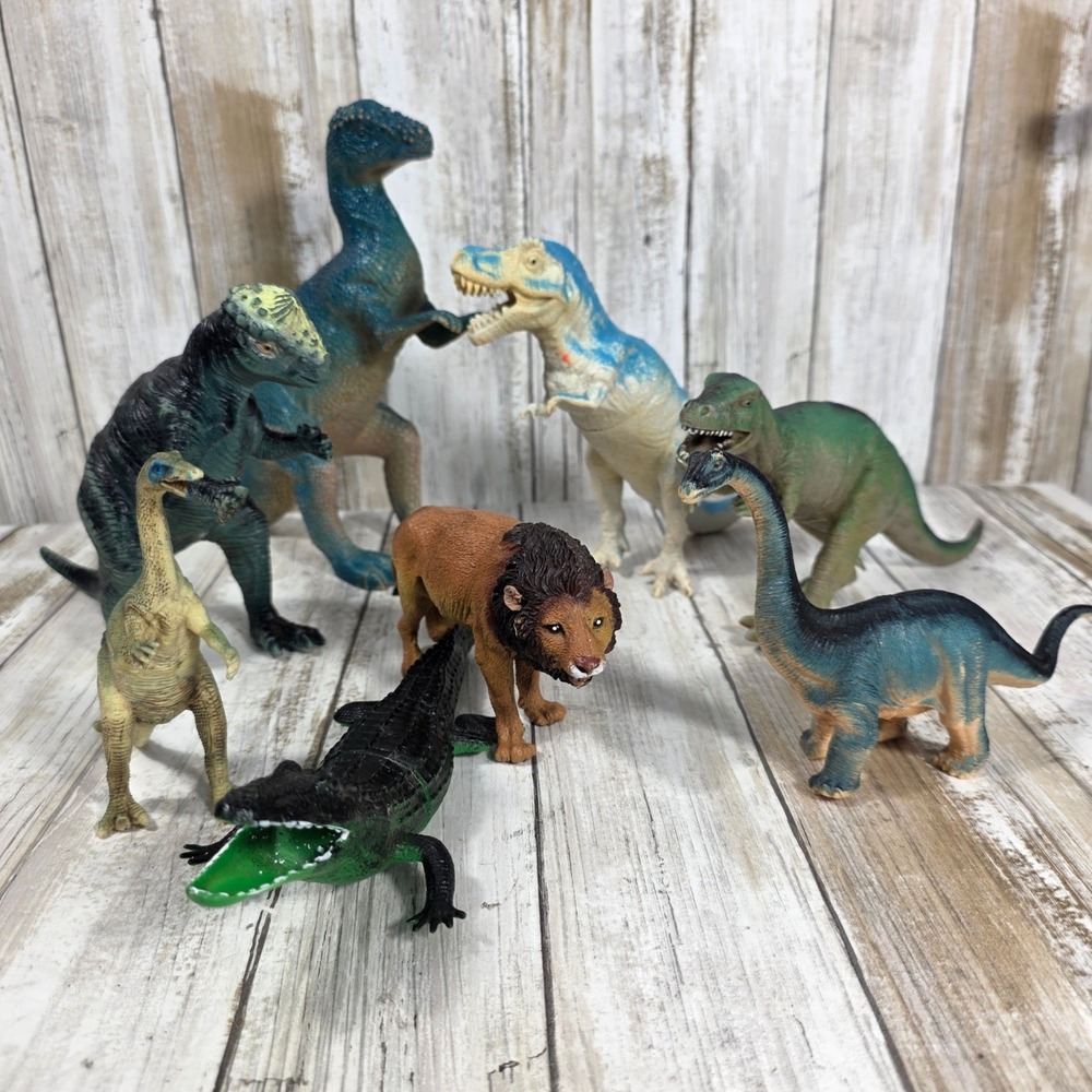 Vintage Style Dinosaur and Wild Animal Toy Figure Lot T-Rex Lion Crocodile 8pc